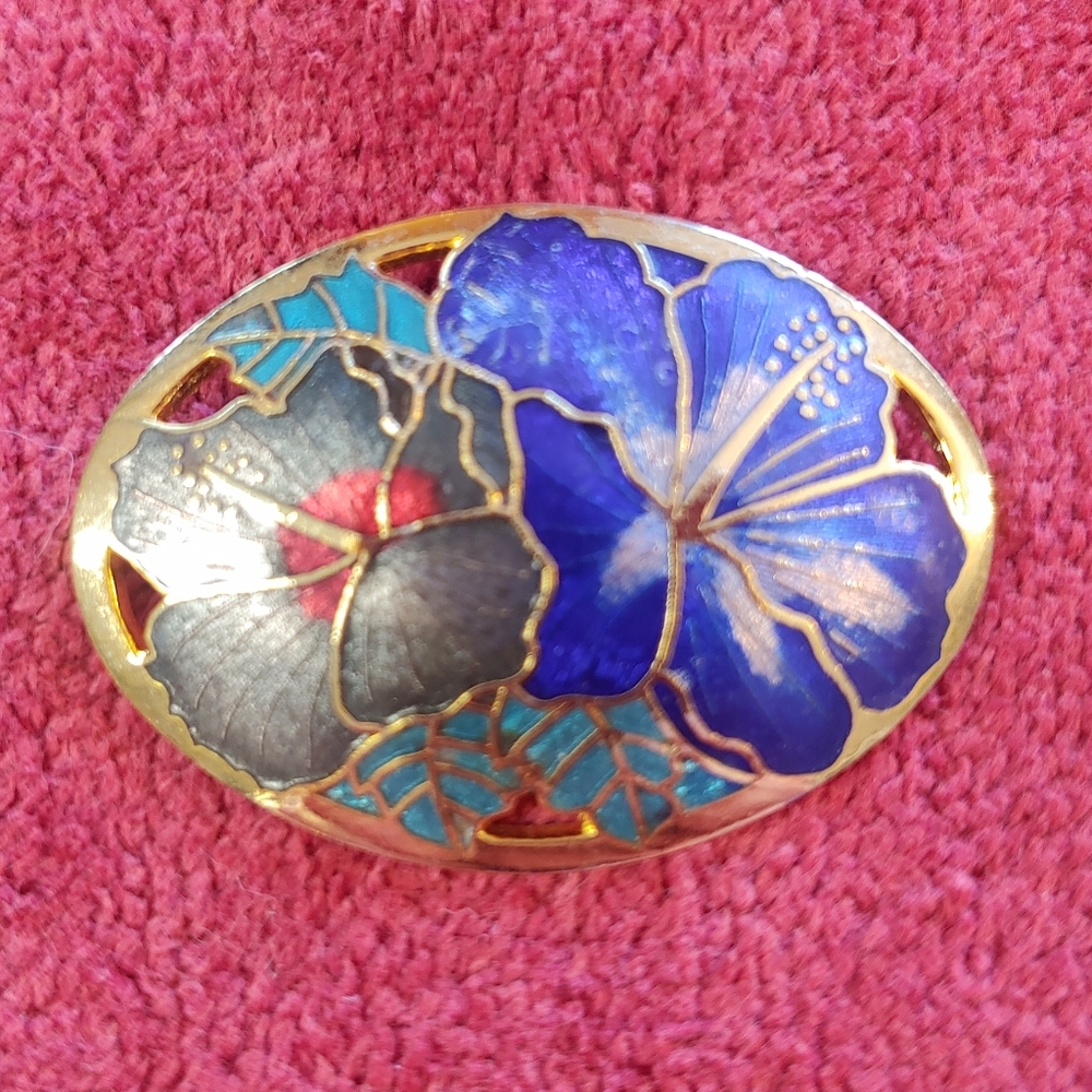 Cloisonne Enamel Floral Statement Brooch in Blue and Teal